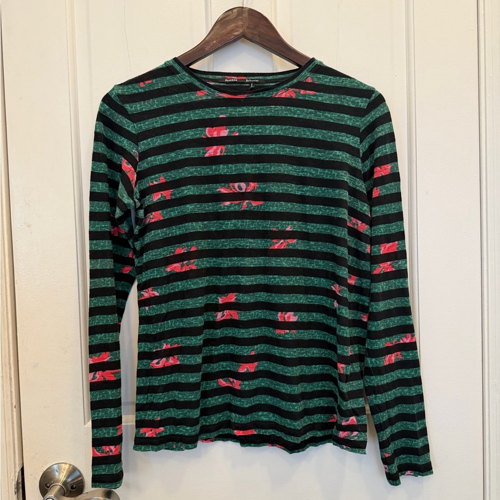 Proenza Schouler Collection Tissue Cotton Top Green&Black Stripes & Red Flowers